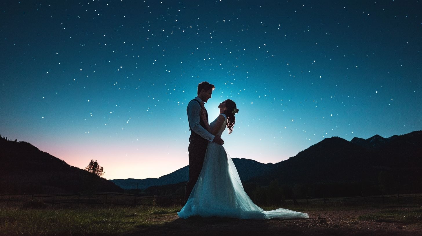 A newlywed couple dancing under a starry night sky. A newlywed couple dancing under a starry night sky.