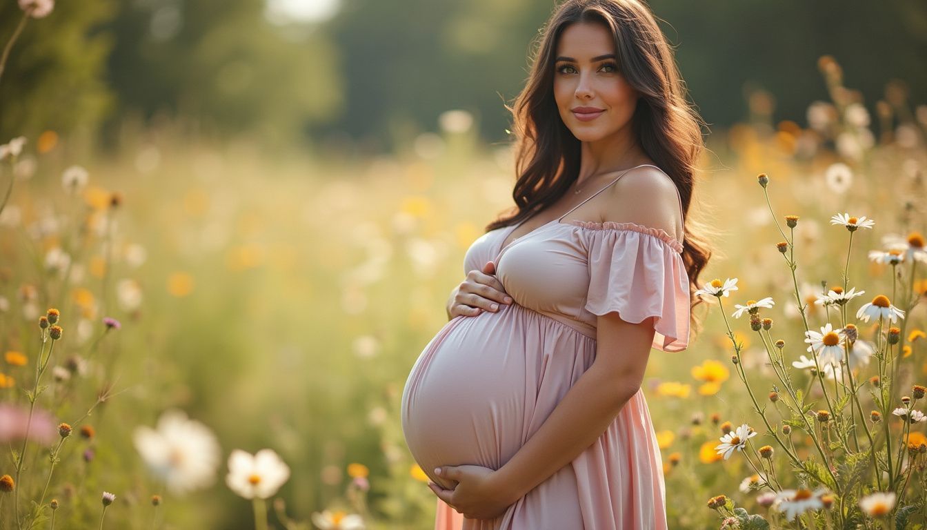 A mid-30s pregnant woman in a pastel maternity gown stands in a field of wildflowers. A mid-30s pregnant woman in a pastel maternity gown stands in a field of wildflowers.