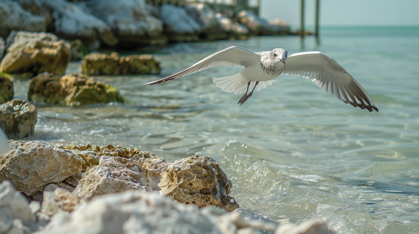 A seagull in flight over the clear waters of Clearwater Beach. A seagull in flight over the clear waters of Clearwater Beach.