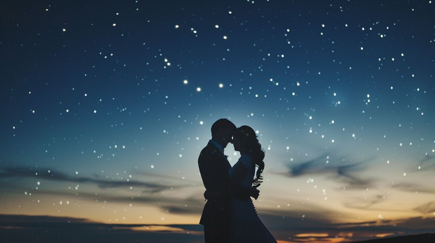 A newlywed couple dancing under a starlit sky in a romantic setting. A newlywed couple dancing under a starlit sky in a romantic setting.