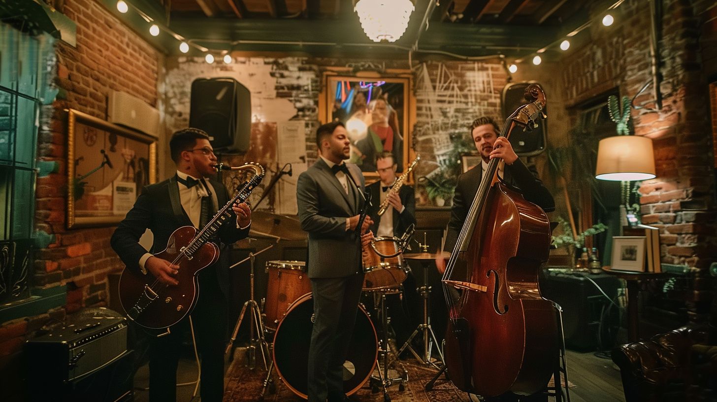 A classic wedding band's musical instruments are captured in soft lighting. A classic wedding band's musical instruments are captured in soft lighting.