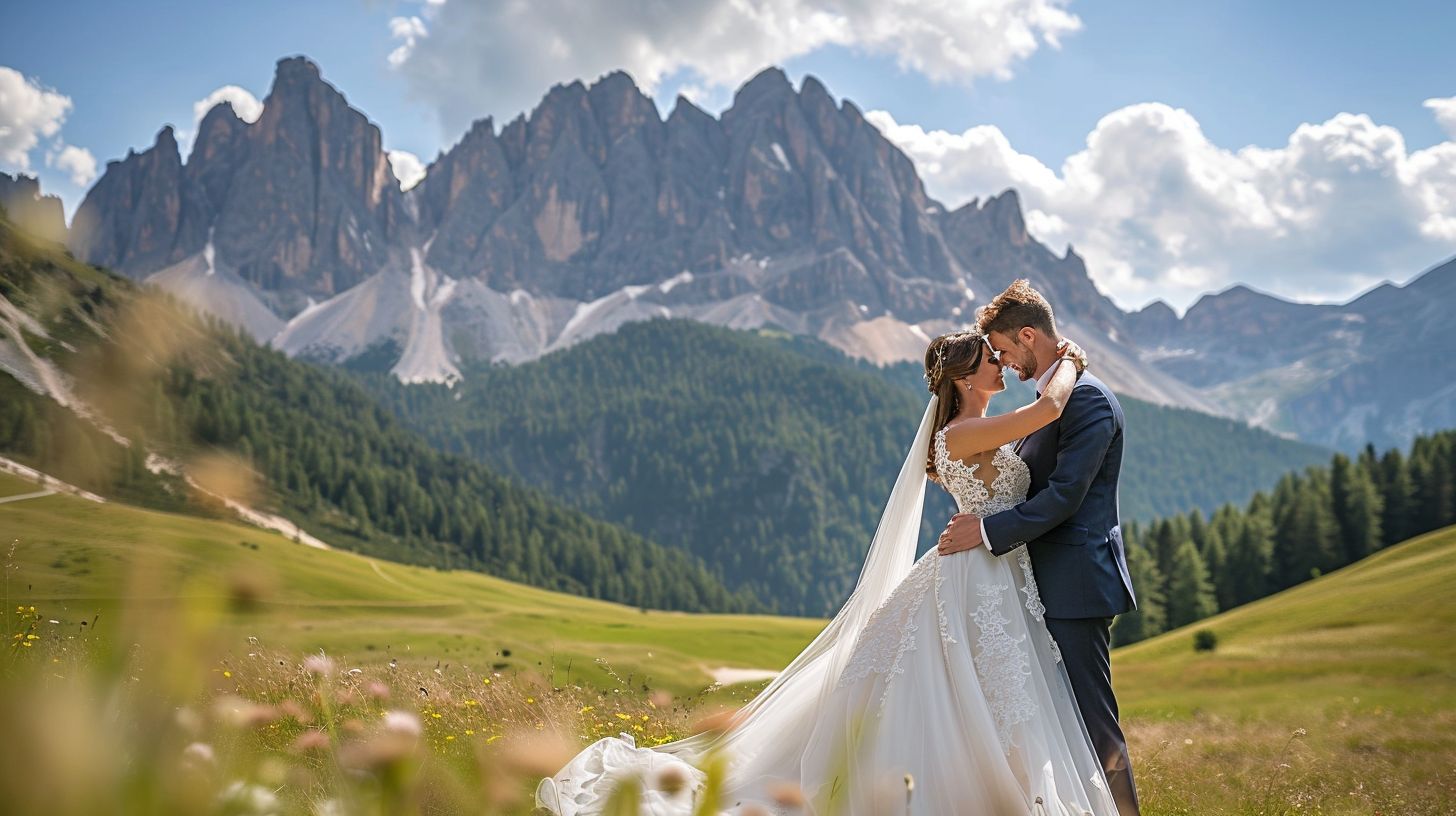 A newlywed couple embracing with a mountain backdrop captured using a wide-angle lens for expansive scenery. A newlywed couple embracing with a mountain backdrop captured using a wide-angle lens for expansive scenery.