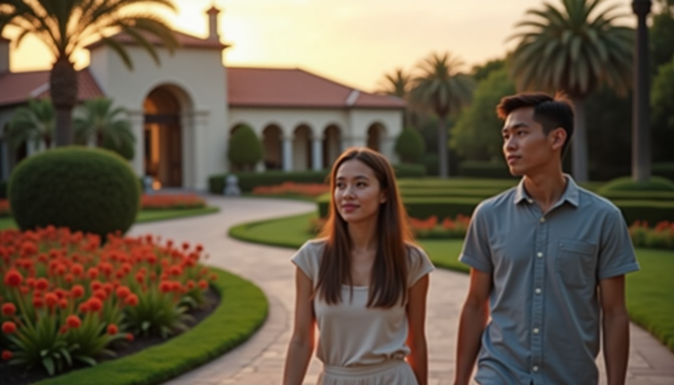 A young couple walks in Vizcaya Museum and Gardens at sunset. A young couple walks in Vizcaya Museum and Gardens at sunset.