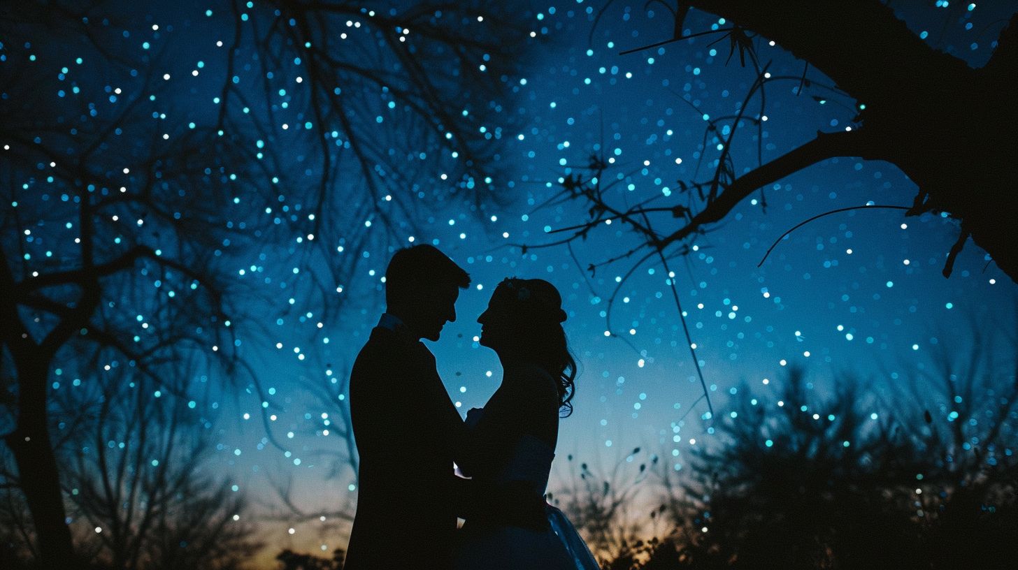 A newlywed couple dancing under a starlit sky in a romantic setting. A newlywed couple dancing under a starlit sky in a romantic setting.