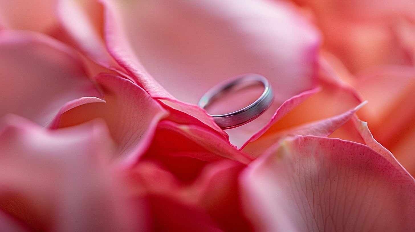 Close-up macro shot of a wedding ring surrounded by delicate flower petals. Close-up macro shot of a wedding ring surrounded by delicate flower petals.