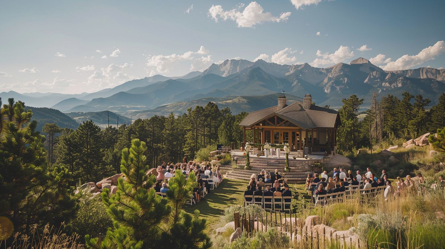 A wide-angle landscape photo of an outdoor wedding venue with a view of the Rocky Mountains. A wide-angle landscape photo of an outdoor wedding venue with a view of the Rocky Mountains.