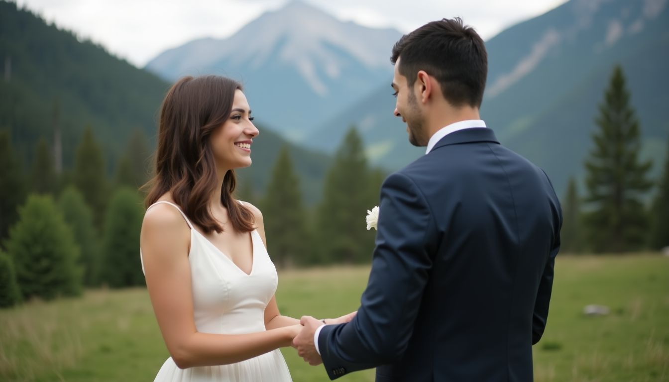 A young couple exchanges vows at an outdoor wedding venue in Colorado, surrounded by nature. A young couple exchanges vows at an outdoor wedding venue in Colorado, surrounded by nature.