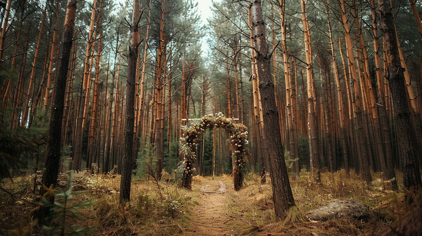 A wedding arch beautifully decorated in a forest clearing. A wedding arch beautifully decorated in a forest clearing.