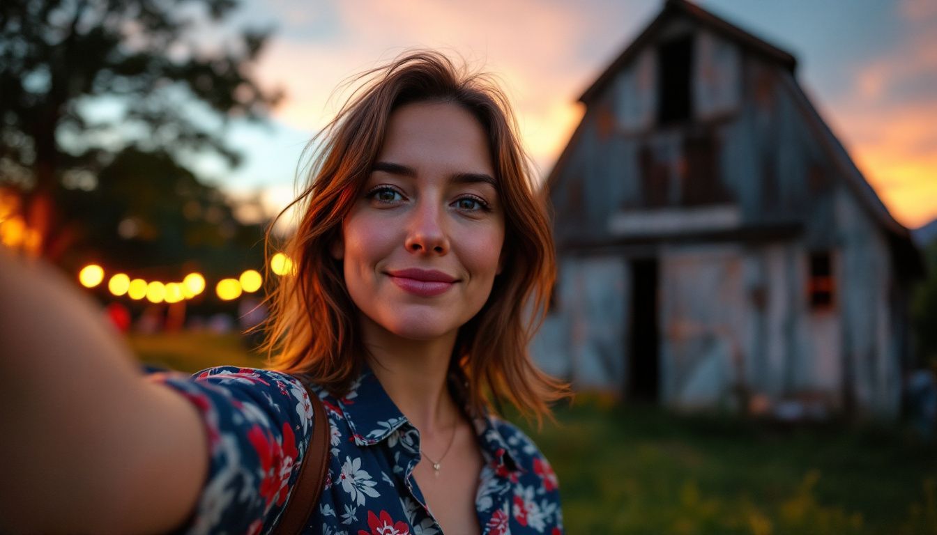 A woman in her 30s taking a casual selfie at a rustic event.