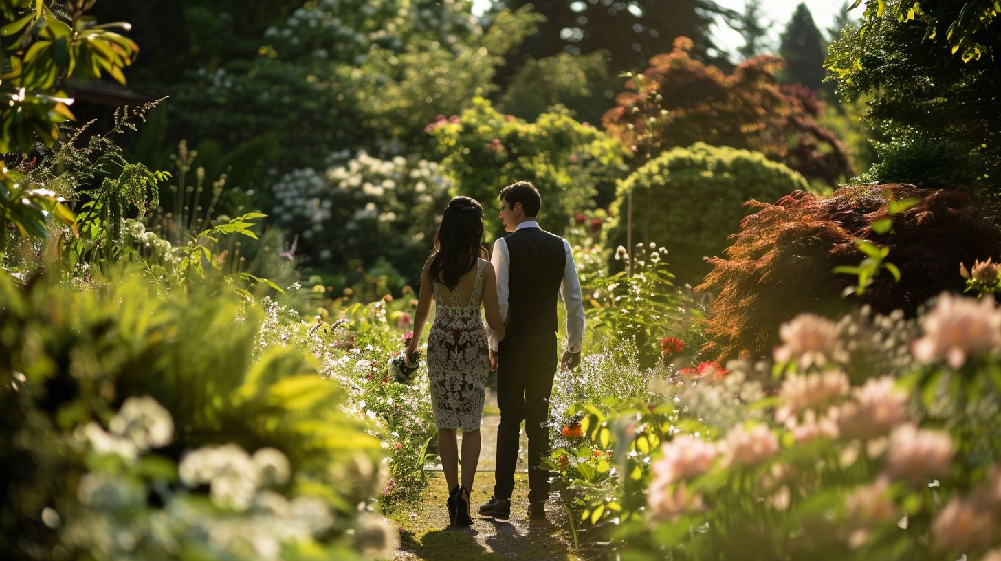 A newly married couple walking through a blooming garden captured by editorial wedding photography. A newly married couple walking through a blooming garden captured by editorial wedding photography.