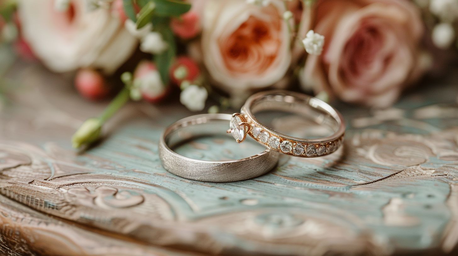 Two wedding rings on a vintage tabletop with flowers and rustic decor, captured with a macro lens. Two wedding rings on a vintage tabletop with flowers and rustic decor, captured with a macro lens.