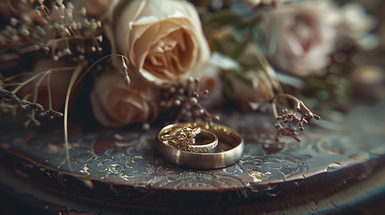 Two wedding rings on a vintage tabletop with flowers and rustic decor, captured with a macro lens. Two wedding rings on a vintage tabletop with flowers and rustic decor, captured with a macro lens.