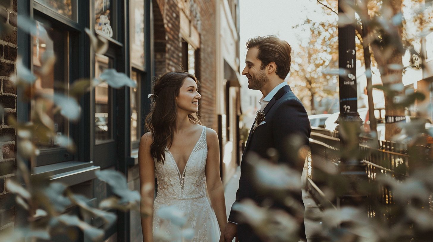 A stylish bride and groom share a candid moment in an urban city setting. A stylish bride and groom share a candid moment in an urban city setting.