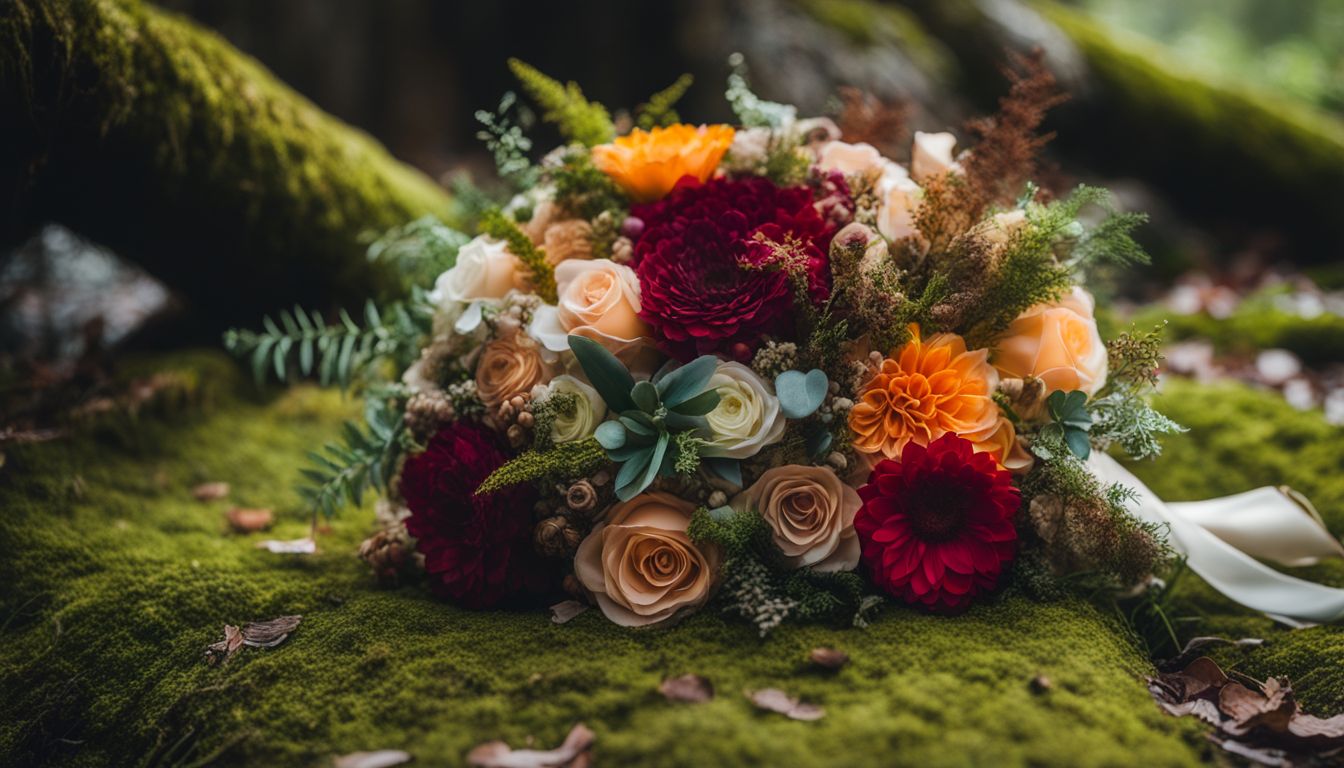 A bohemian-style wedding bouquet and rings on a moss-covered forest floor, captured in a bustling atmosphere with different faces and outfits. A bohemian-style wedding bouquet and rings on a moss-covered forest floor, captured in a bustling atmosphere with different faces and outfits.