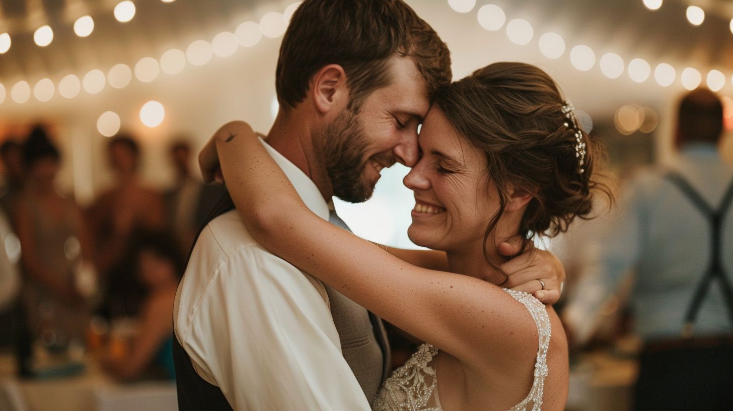 A newlywed couple shares an intimate embrace at their wedding reception. A newlywed couple shares an intimate embrace at their wedding reception.