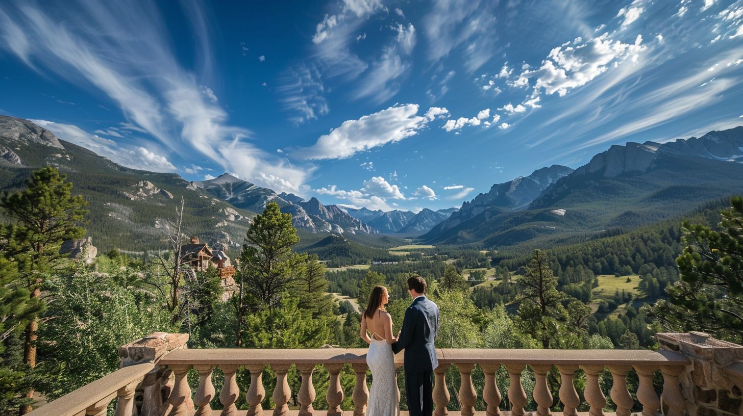 A couple stands on a balcony at Della Terra Mountain Chateau with Rocky Mountain National Park in the background. A couple stands on a balcony at Della Terra Mountain Chateau with Rocky Mountain National Park in the background.