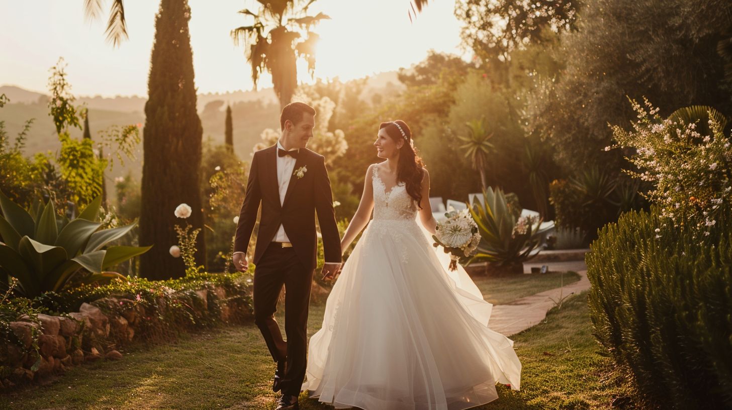A newlywed couple strolls hand in hand through a picturesque garden on their wedding day. A newlywed couple strolls hand in hand through a picturesque garden on their wedding day.