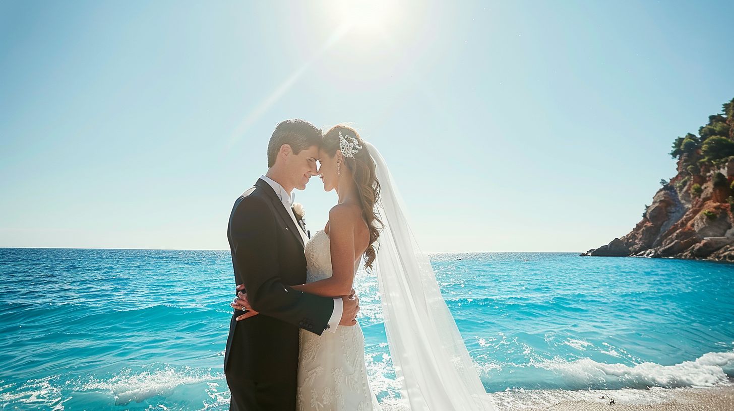 A couple embracing at a seaside destination wedding. A couple embracing at a seaside destination wedding.