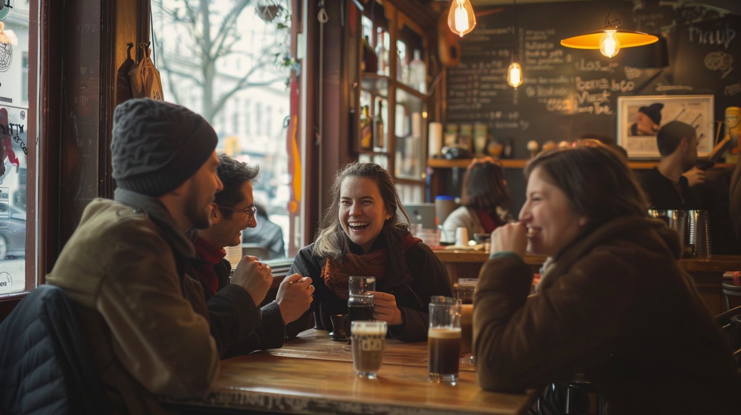 A group of friends sharing laughter in a cozy cafe. A group of friends sharing laughter in a cozy cafe.