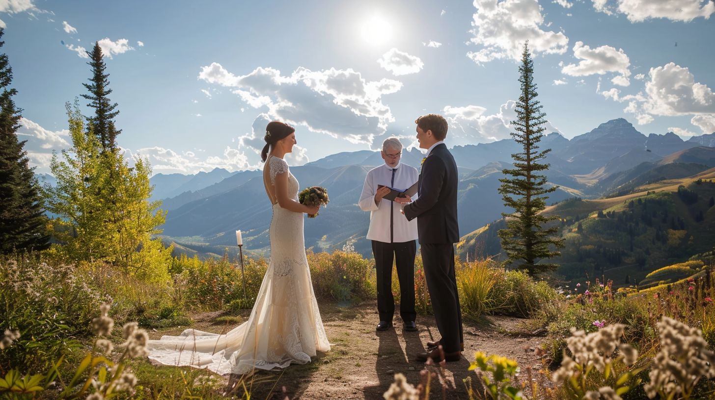 A couple exchanging wedding vows in a beautiful outdoor setting. A couple exchanging wedding vows in a beautiful outdoor setting.