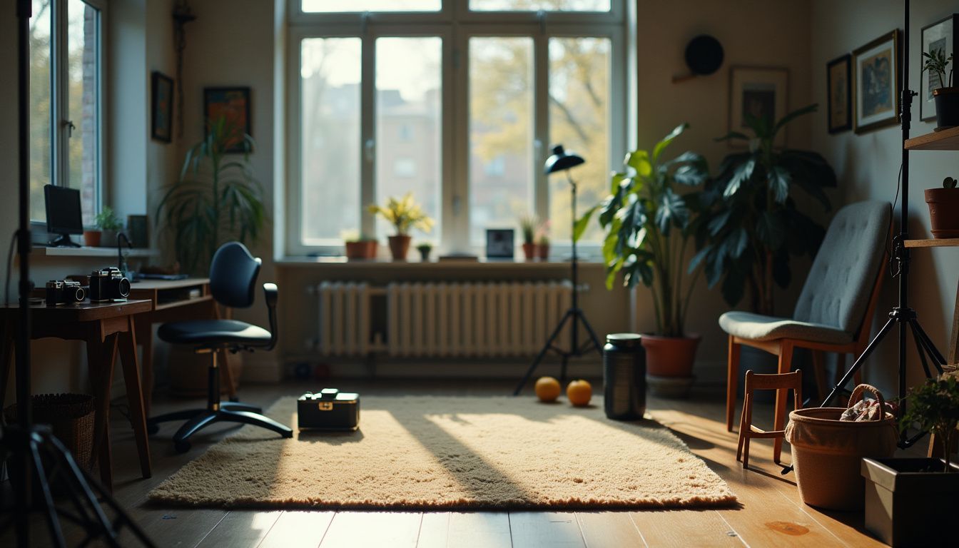 A photo studio with a minimalist setup featuring vintage cameras and simple props. A photo studio with a minimalist setup featuring vintage cameras and simple props.