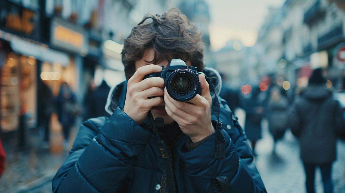A person taking candid street photos in a busy city with a mirrorless camera. A person taking candid street photos in a busy city with a mirrorless camera.