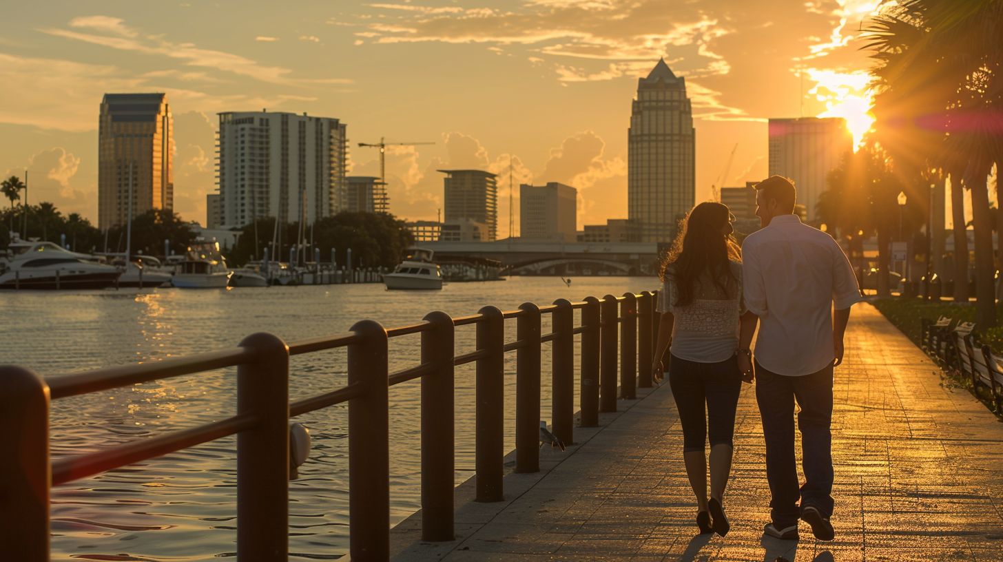 A couple walks along Tampa Riverwalk at sunset with city skyline in background, capturing the scene with DSLR. A couple walks along Tampa Riverwalk at sunset with city skyline in background, capturing the scene with DSLR.