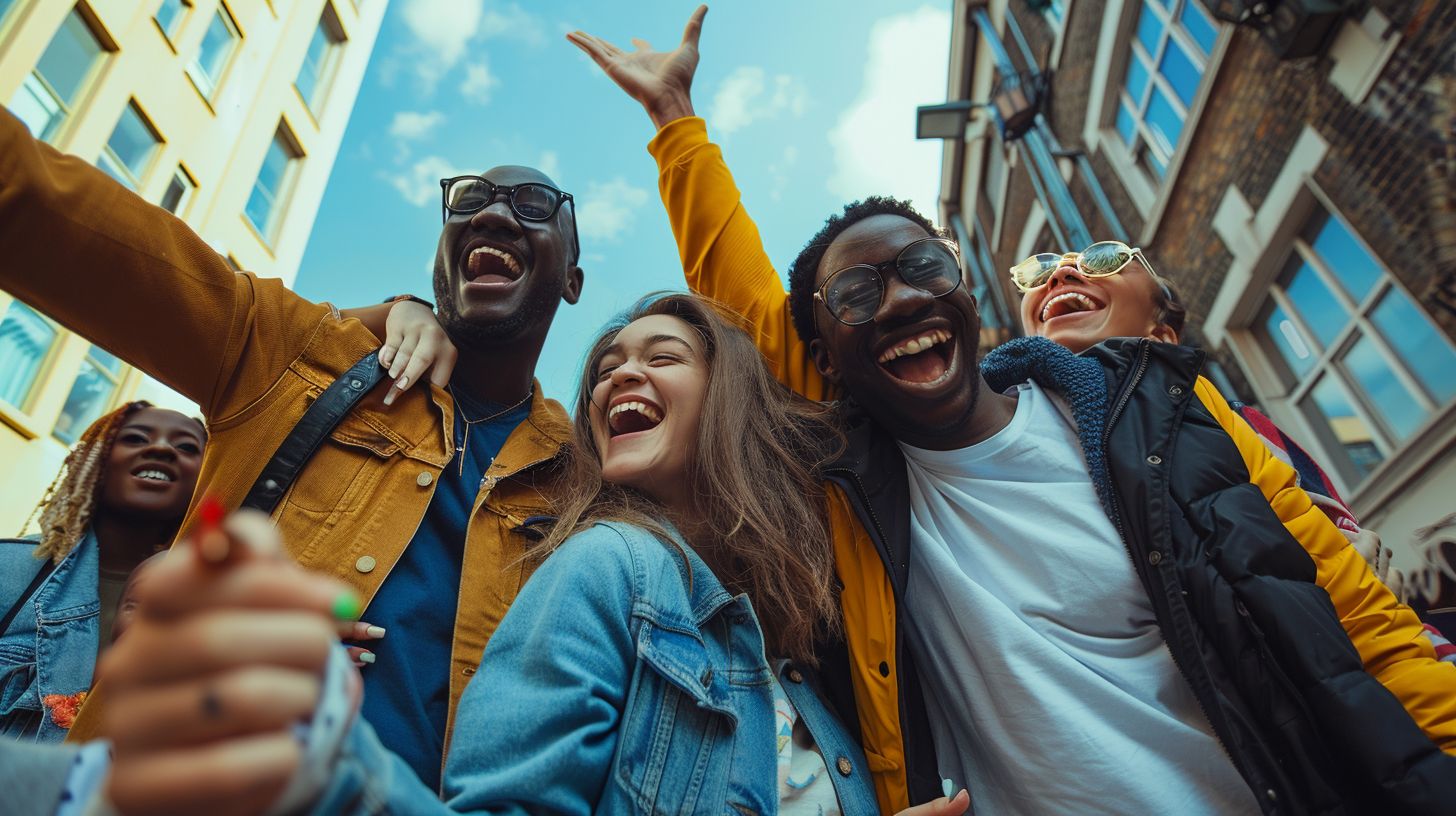 A group of friends are shown laughing and cheering in an urban setting. A group of friends are shown laughing and cheering in an urban setting.