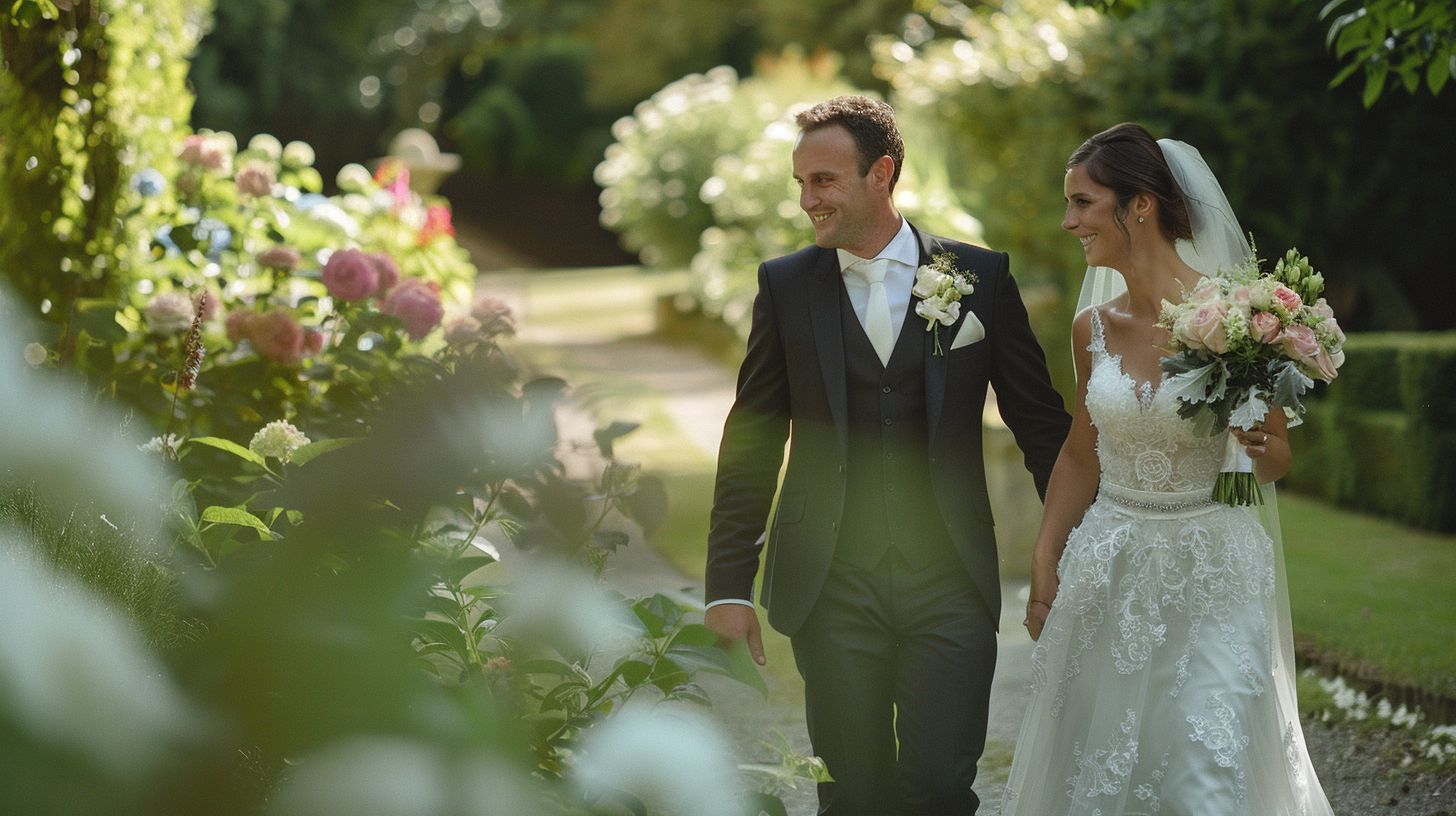 A stylish bride and groom walking hand in hand through a romantic garden for a wedding photoshoot. A stylish bride and groom walking hand in hand through a romantic garden for a wedding photoshoot.