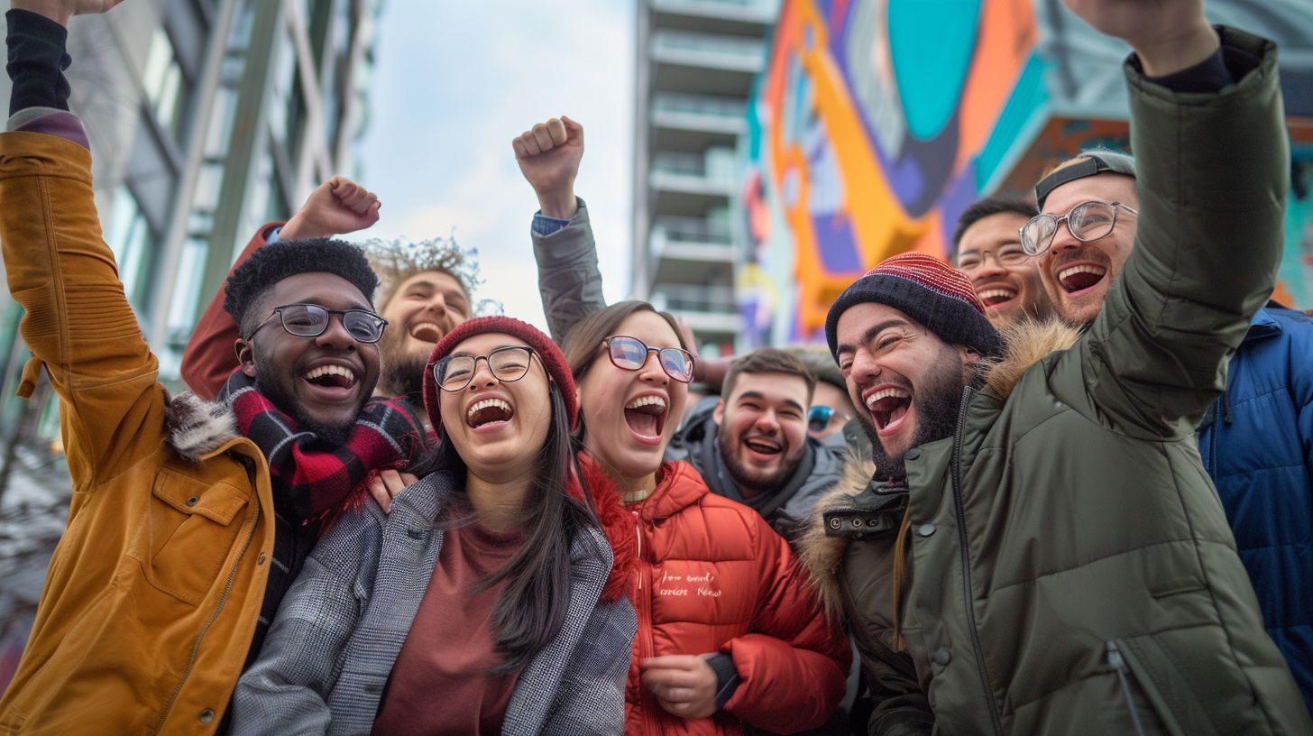 A group of friends are shown laughing and cheering in an urban setting. A group of friends are shown laughing and cheering in an urban setting.