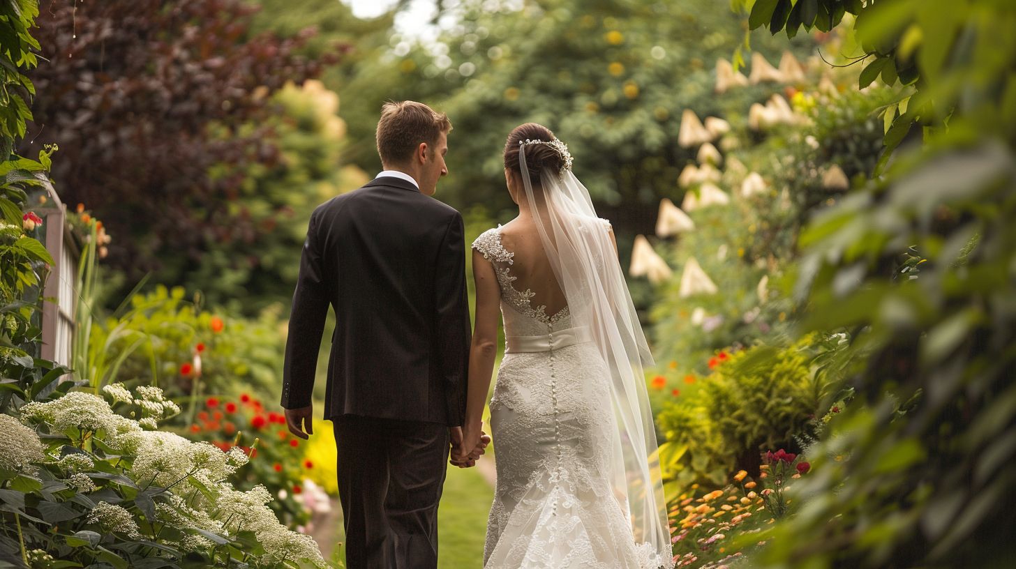 A newlywed couple strolls hand in hand through a picturesque garden on their wedding day. A newlywed couple strolls hand in hand through a picturesque garden on their wedding day.