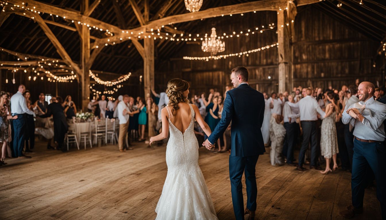 'An intimate embrace between a bride and groom at a rustic barn wedding venue.' 'An intimate embrace between a bride and groom at a rustic barn wedding venue.'