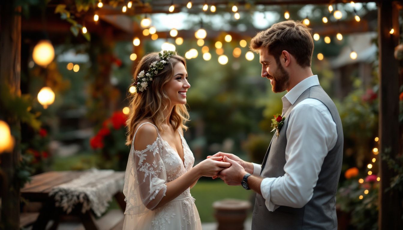 A couple in their 30s exchanging vows in a cozy outdoor garden wedding with a rustic charm. A couple in their 30s exchanging vows in a cozy outdoor garden wedding with a rustic charm.