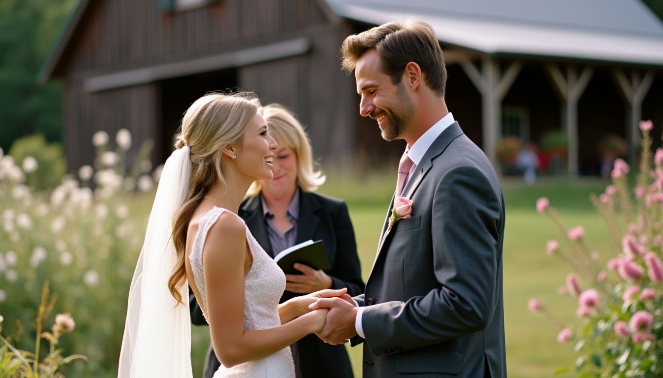 A couple expressing genuine emotions during an outdoor wedding ceremony. A couple expressing genuine emotions during an outdoor wedding ceremony.
