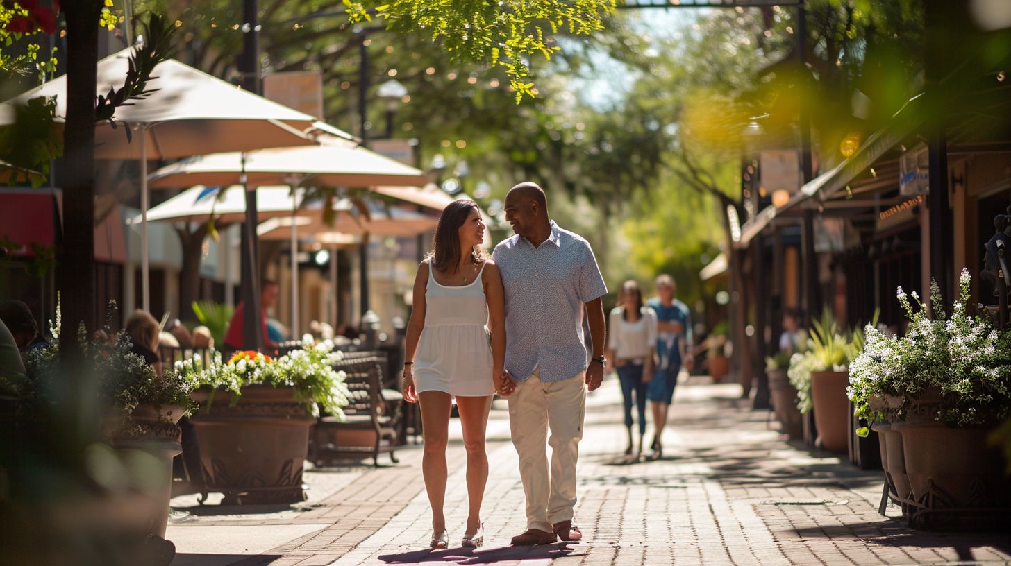 A couple strolling through Hyde Park Village captured with a wide-angle lens. A couple strolling through Hyde Park Village captured with a wide-angle lens.