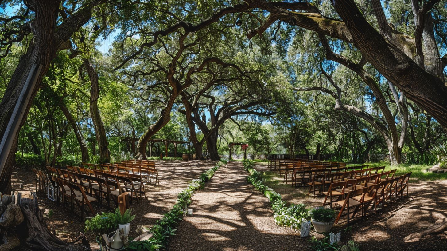 An outdoor wedding venue surrounded by lush oak trees, captured with a wide-angle lens. An outdoor wedding venue surrounded by lush oak trees, captured with a wide-angle lens.