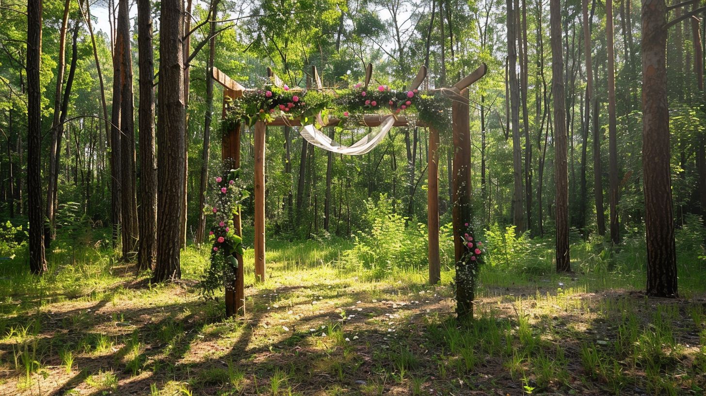 A wedding arch beautifully decorated in a forest clearing. A wedding arch beautifully decorated in a forest clearing.