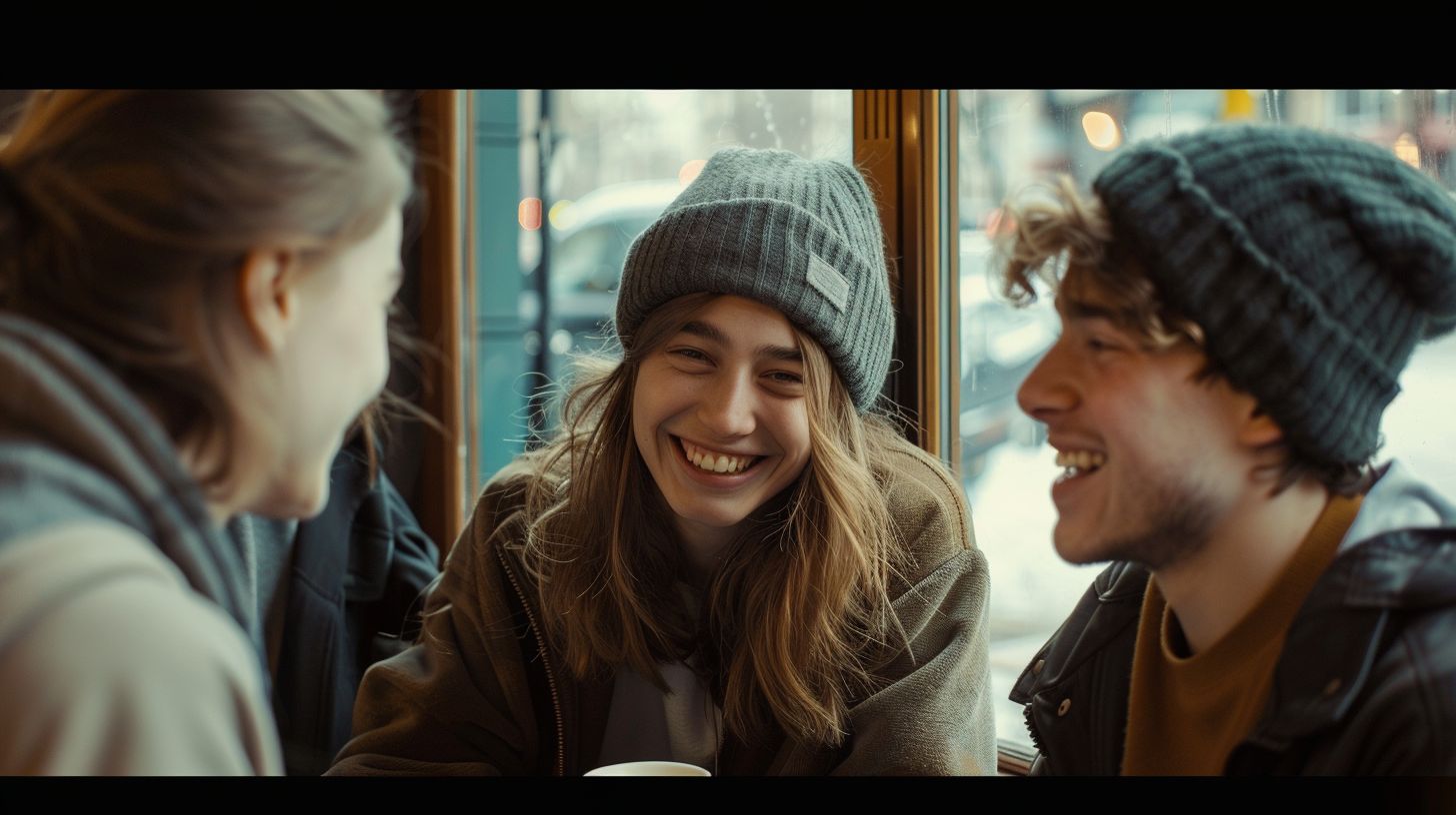 A group of friends sharing laughter in a cozy cafe. A group of friends sharing laughter in a cozy cafe.