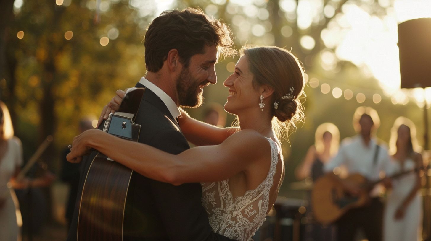 A bride and groom are dancing to live music at an outdoor wedding venue. A bride and groom are dancing to live music at an outdoor wedding venue.