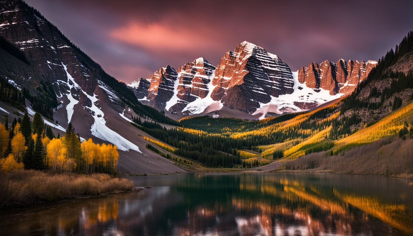 A photo of the iconic Maroon Bells with a bustling atmosphere and stunning mountain backdrop. A photo of the iconic Maroon Bells with a bustling atmosphere and stunning mountain backdrop.