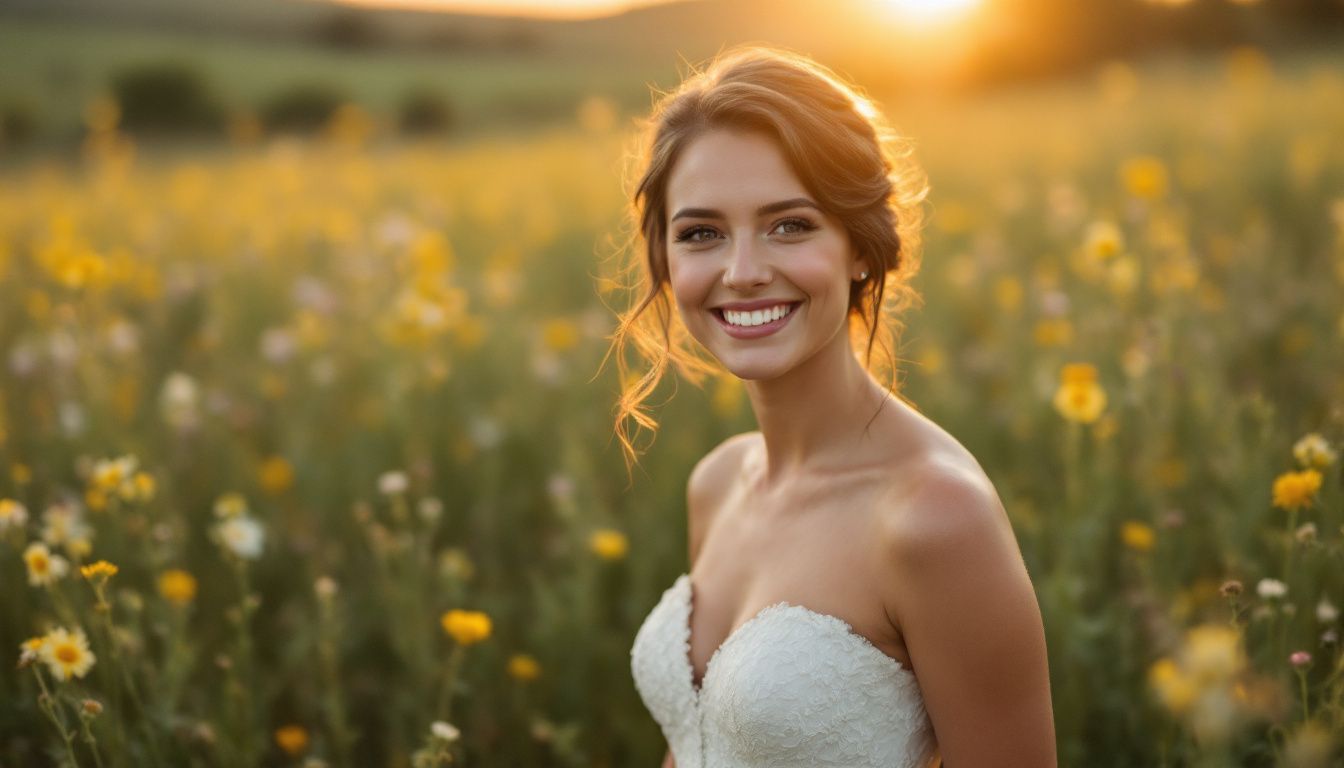 A bride wearing a simple wedding gown standing in a field of wildflowers in Fort Collins at sunset. A bride wearing a simple wedding gown standing in a field of wildflowers in Fort Collins at sunset.