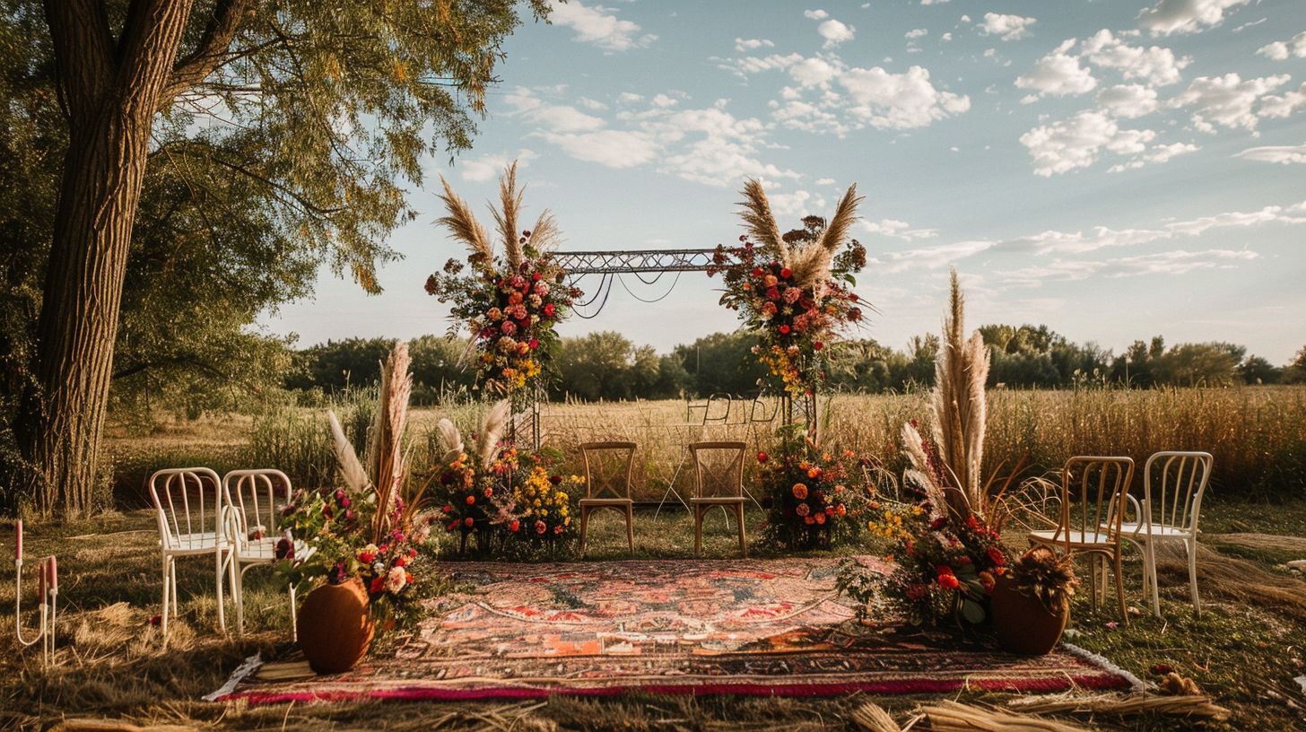A wide-angle lens captured the beautifully decorated outdoor elopement spot in Nature Photography's image. A wide-angle lens captured the beautifully decorated outdoor elopement spot in Nature Photography's image.