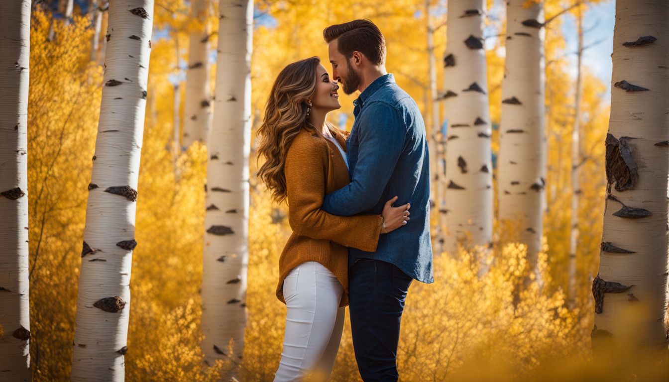 A couple embracing in front of vibrant aspen trees in nature photography. A couple embracing in front of vibrant aspen trees in nature photography.