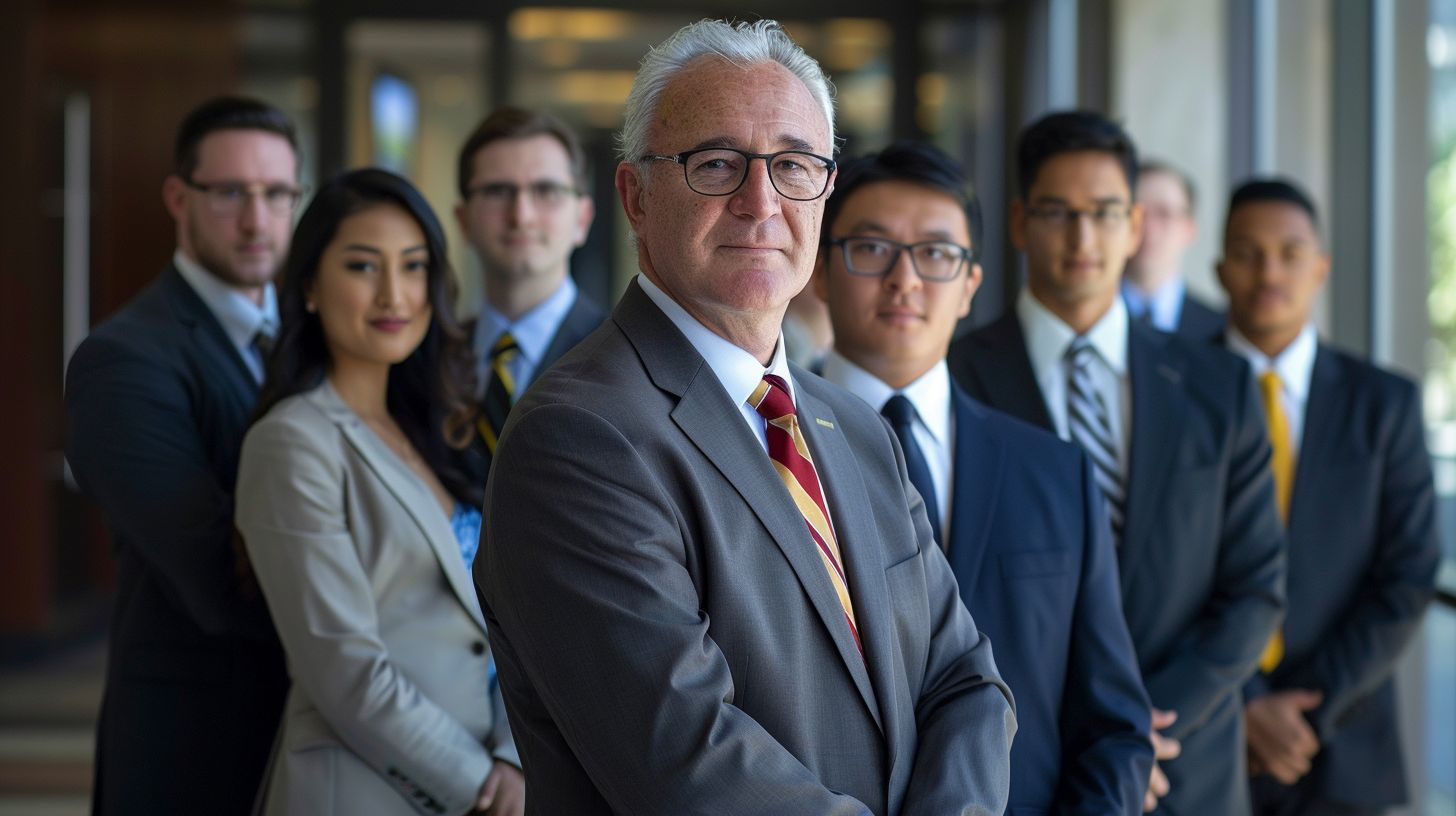 A group of business professionals pose for a formal portrait in a corporate office. A group of business professionals pose for a formal portrait in a corporate office.