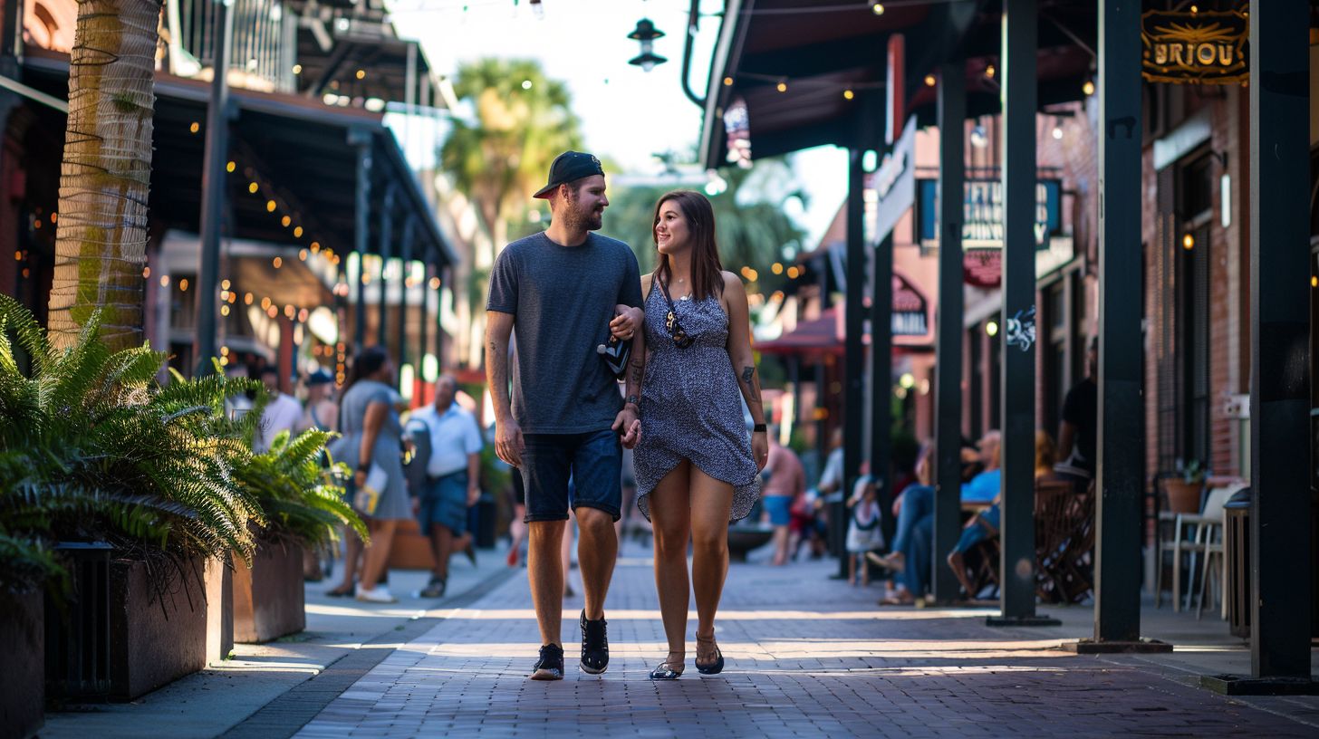 Couples stroll through vibrant Historic Ybor City. Couples stroll through vibrant Historic Ybor City.