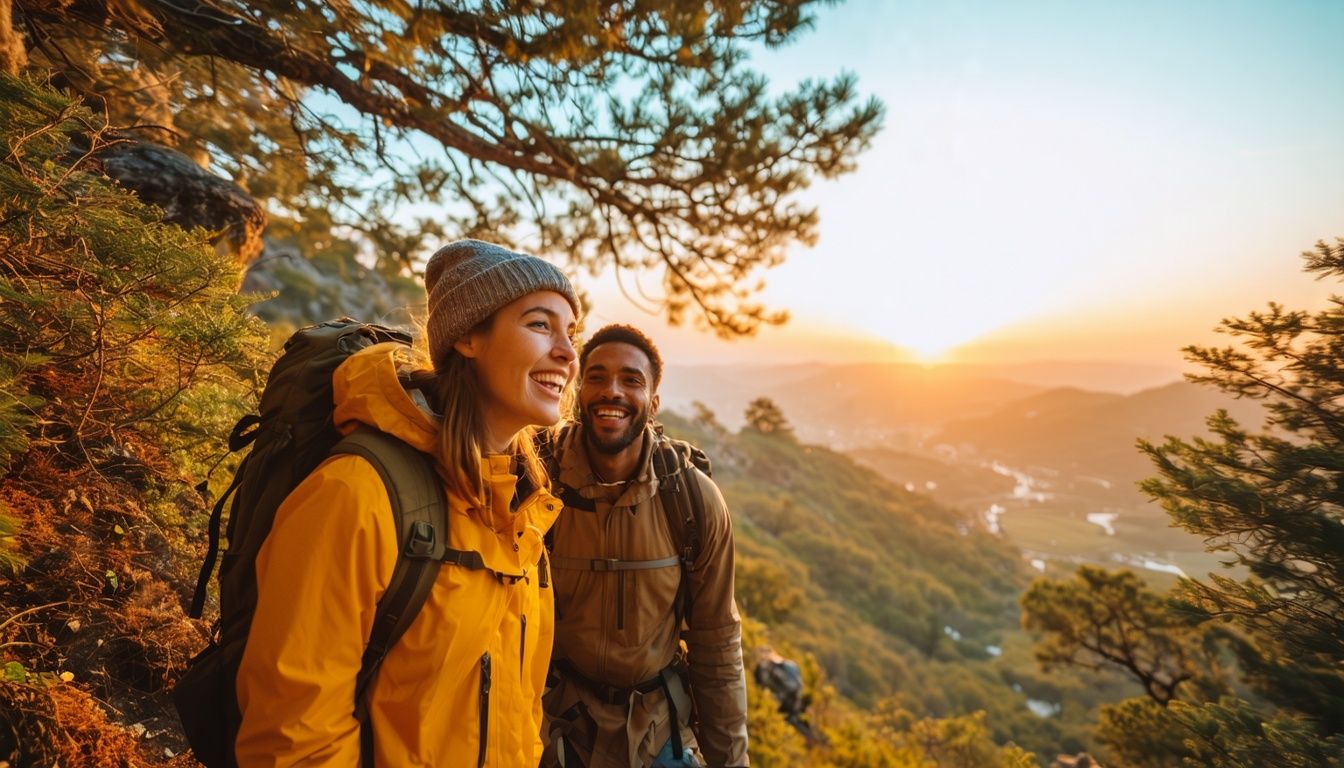 A couple in their 20s enjoys a new hiking trail, sharing laughter and beautiful views. A couple in their 20s enjoys a new hiking trail, sharing laughter and beautiful views.