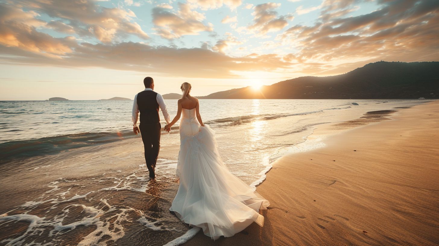 A bride and groom are walking hand in hand on a tropical beach at sunset. A bride and groom are walking hand in hand on a tropical beach at sunset.