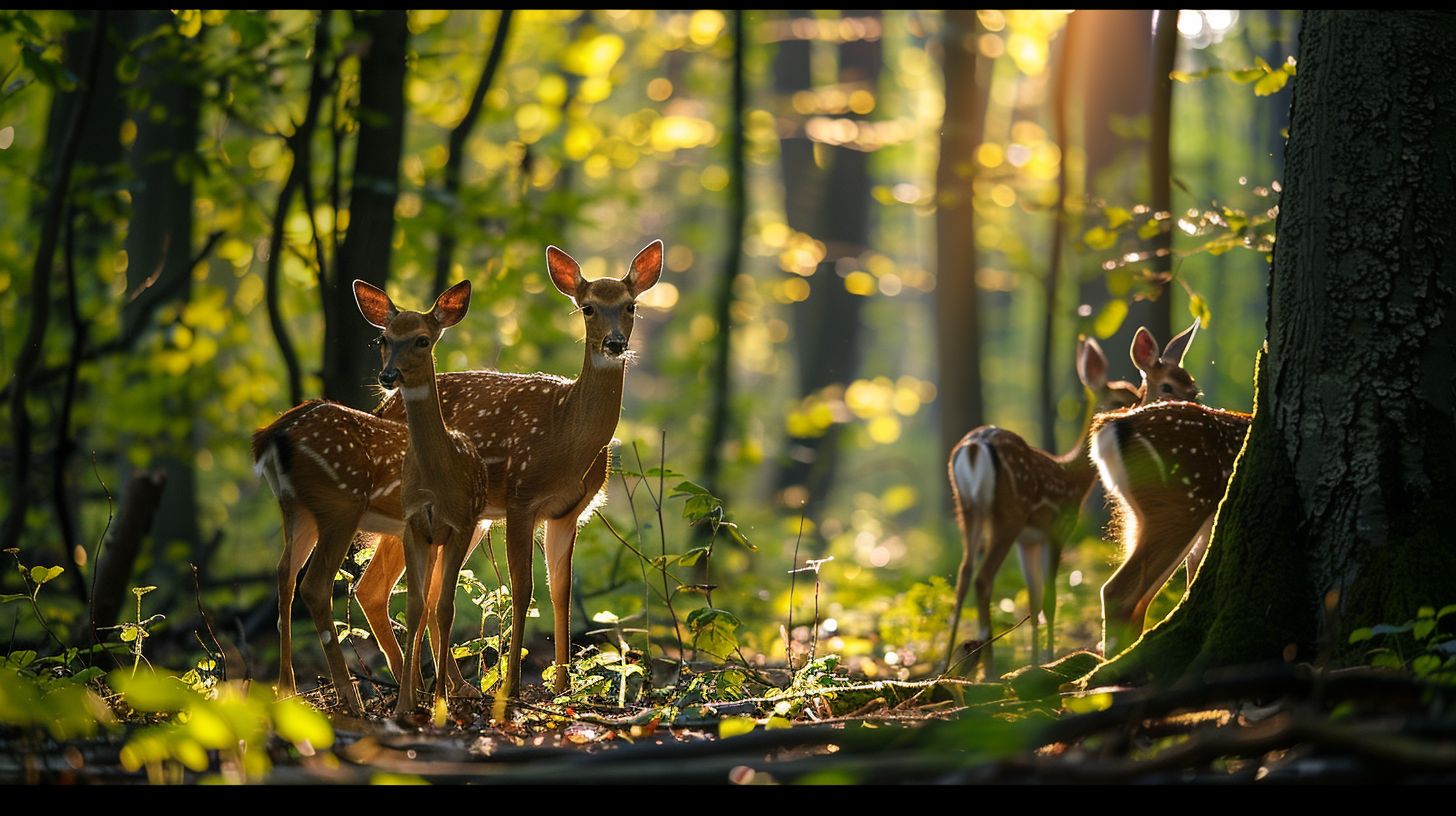 A forest clearing with diverse wildlife captured in a telephoto lens. A forest clearing with diverse wildlife captured in a telephoto lens.