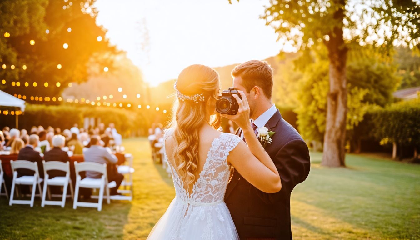 A couple in their late 20s taking photos at an outdoor wedding venue. A couple in their late 20s taking photos at an outdoor wedding venue.