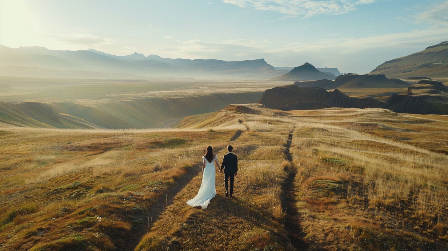 A drone captures a newlywed couple walking through a picturesque landscape from a bird's eye view. A drone captures a newlywed couple walking through a picturesque landscape from a bird's eye view.